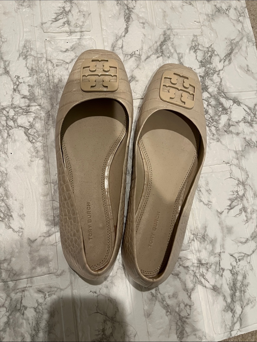 Tory Burch Neutral Beige Croc-Embossed Reva Ballet Flats